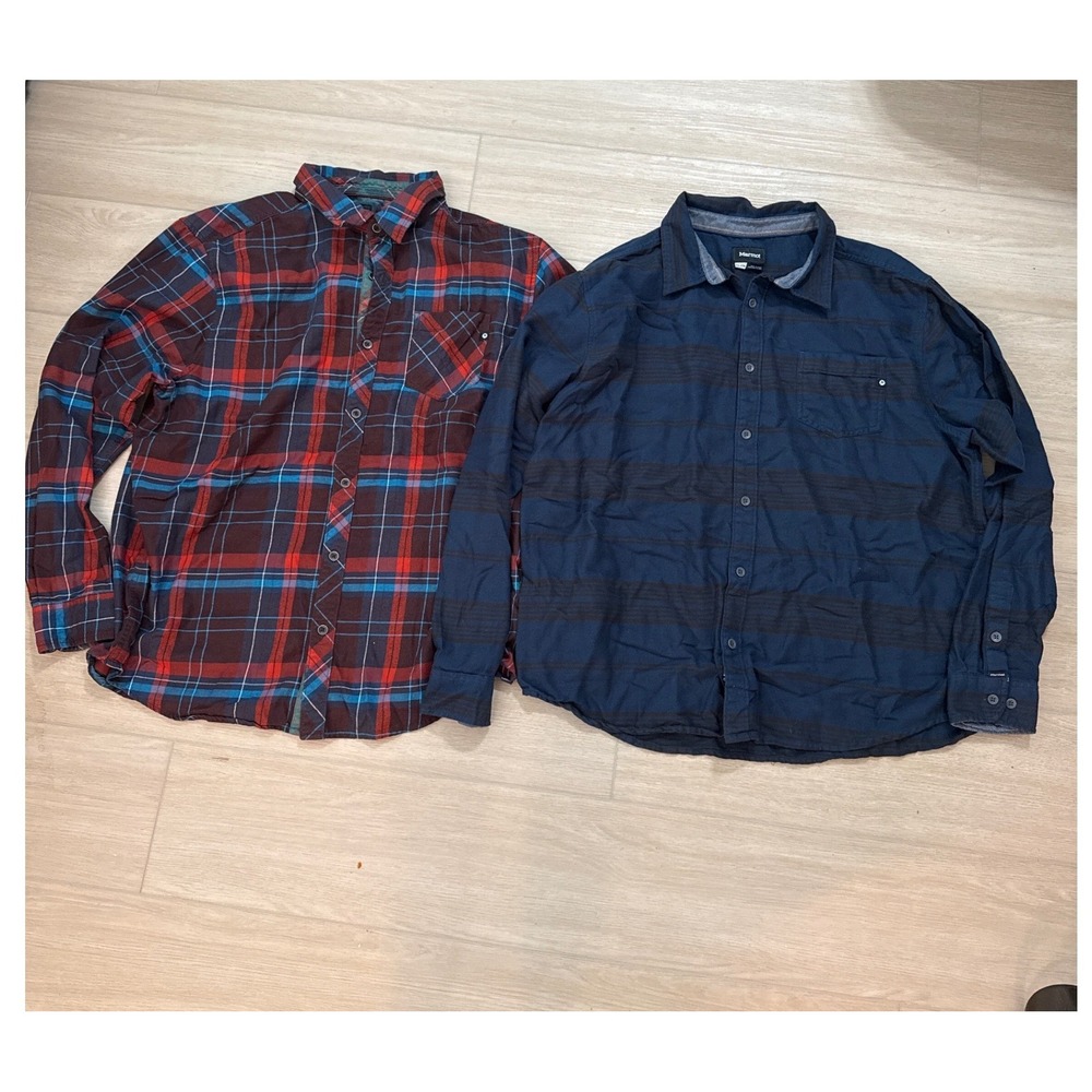 Lot of 2 Marmot Mens XXL Flannel Shirts Plaid Striped Long Sleeve Button Down